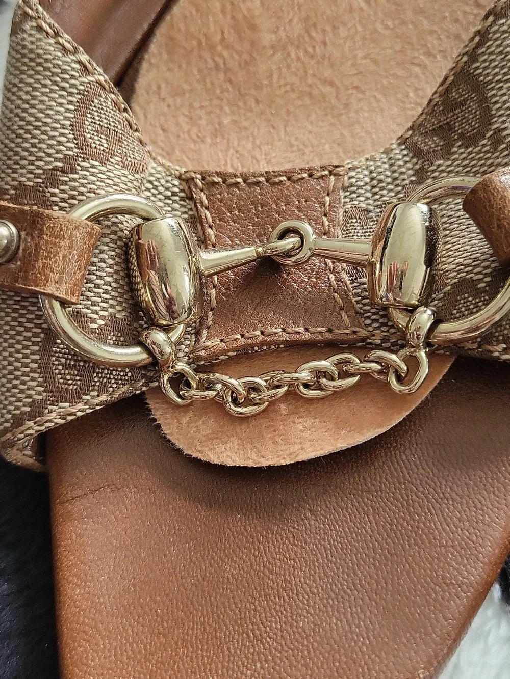 Gucci Brown Monogram Canvas & Leather Slide Mules with Gold Hardware - Picture 4 of 16